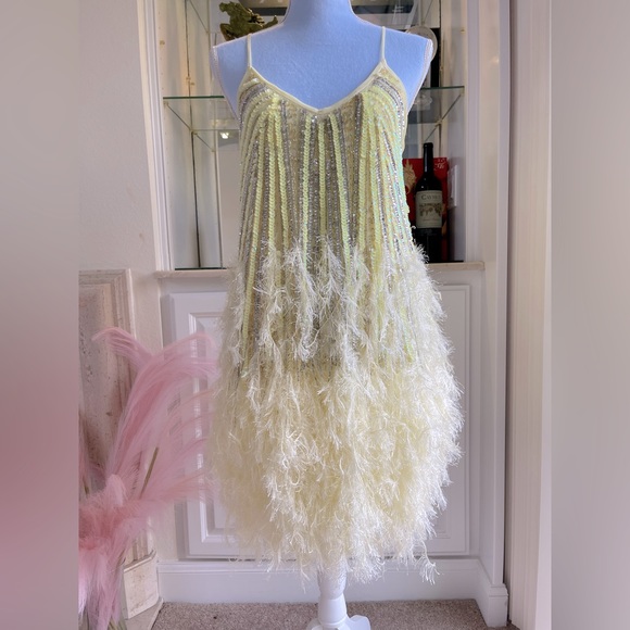 ASOS EDITION sequin cami mini dress with faux feather hem in lemon - Picture 3 of 8